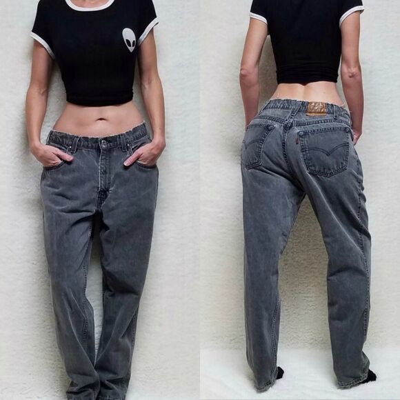 RARE Vintage 96 Levi's 545 Orange Tab Black Distressed Stone Wash Loose Fit Jean - Picture 1 of 16